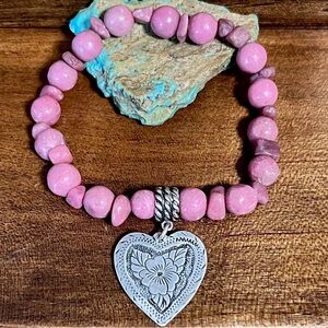 Carolyn Pollack Heart Charm Rhodonite Beaded Stretch Bracelet Sterling Silver